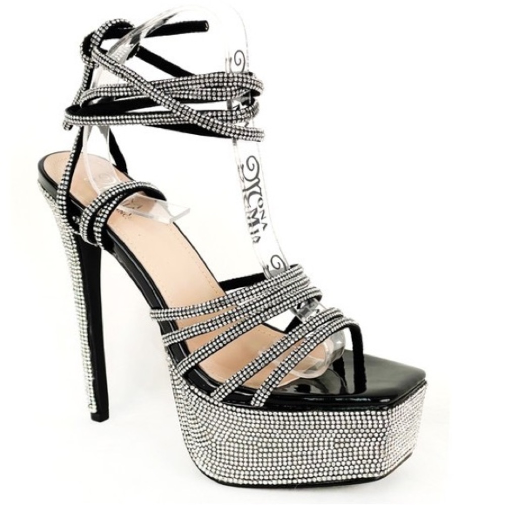 SIZE 8 Bella Luna Metallic Braided Ankle Wrap Rhinestone Heeled Platforms